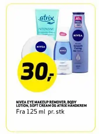 Bunnpris Nivea eye makeup remover, bqdy. lotion, soft cream og atrix handkrem tilbud