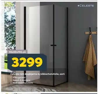 Megaflis Celeste rett dusjhjørne m/sikkerhetsfolie, sort tilbud