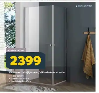 Megaflis Celeste rett dusjhjørne m/ sikkerhetsfolie, satin tilbud