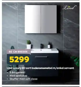 Megaflis Lind Luxury 80 sort baderomsmøbel m/enkel servant tilbud