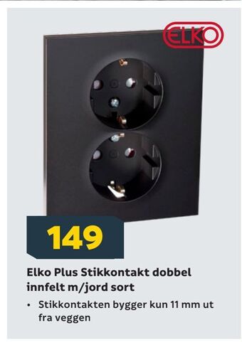 Megaflis Elko Plus Stikkontakt dobbel innfelt m/jord sort tilbud