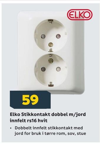 Megaflis Elko Stikkontakt dobbel m/jord innfelt rs16 hvit tilbud