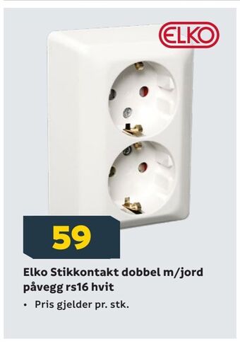 Megaflis Elko Stikkontakt dobbel m/jord påvegg rs16 hvit tilbud