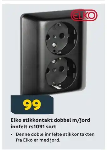 Megaflis Elko stikkontakt dobbel m/jord innfelt rs1091 sort tilbud
