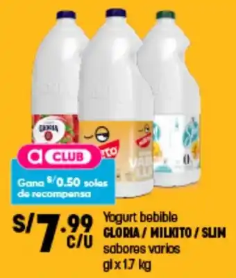 Plaza Vea Yogurt Bebible Gloria | Milkito | Slim Sabores Varios 1.7kg oferta