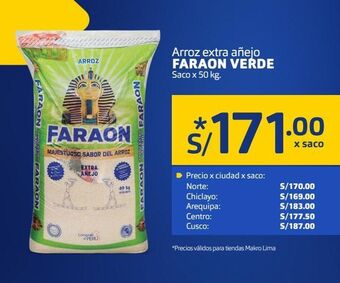 Makro Arroz extra añejo faraon verde saco x 50 kg. oferta