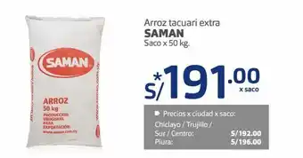 Makro Arroz tacuari extra saman saco x 50 kg. oferta