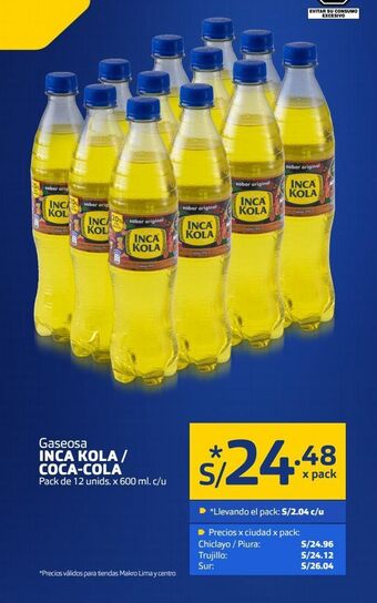 Makro Gaseosa inca kola / coca-cola pack de 12 unids. x 600 ml. c/u oferta