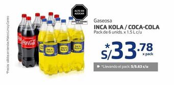Makro Gaseosa inca kola / coca-cola pack de 6 unids. x 1.5 l c/u oferta