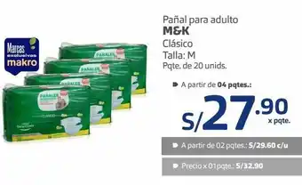 Makro Pañal para adulto m&k clásico talla: m pqte. de 20 unids. oferta