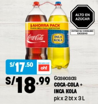 Plaza Vea Gaseosa Coca-Cola +Inca Kola 2 x 3L oferta