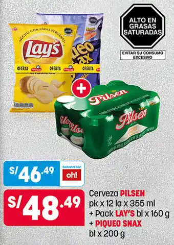 Plaza Vea Cerveza Pilsen 12 x 355ml + Lay's 160g + Piqueo Snax 200g oferta