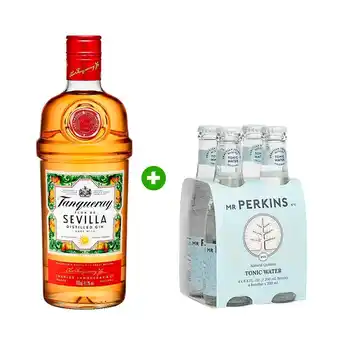 Tottus Gin flor de sevilla tanqueray 750 ml + fourpack agua tonica mr perkins 200ml oferta