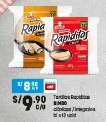 Plaza Vea Tortillas Rapiditas BIMBO clásicas / integrales bl x 12 unid oferta