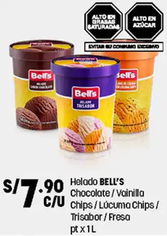 Plaza Vea Helado Bell's Chocolate/Vainilla Chips/Lúcuma Chips/ Trisabor / Fresa 1L oferta
