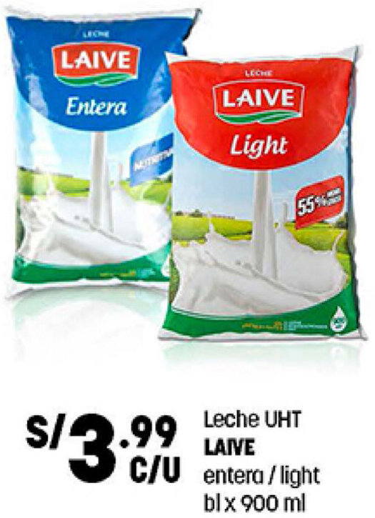 Plaza Vea Leche UHT Laive Entera/Light 900ml oferta