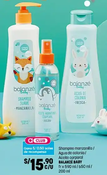 Plaza Vea Shampoo Mazanilla/ Agua de Colonia/Aceite Corporal Balanzé Baby 590ml/650ml/200ml oferta