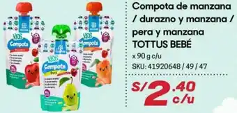 Hiperbodega Precio Uno Compota de Manzana/ Durazno y Manzana/ pera y Manzana Tottus Bebé 90g oferta