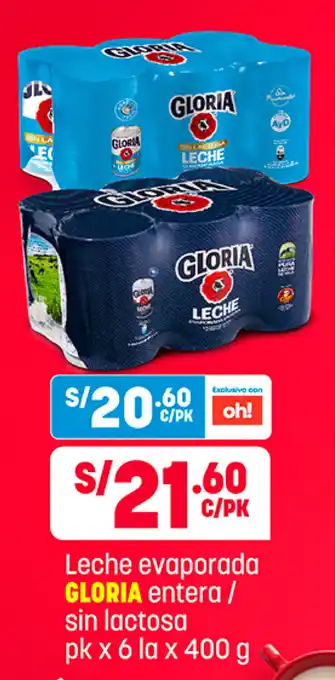 Plaza Vea Leche Evaporada Gloria Entera / Sin Lactosa 6 x 400g oferta