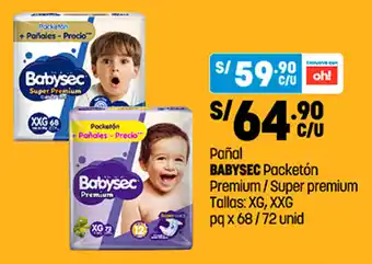 Plaza Vea Pañal Babysec Packetón Premium / Super Premium XG , XXG 68 / 72 unid oferta