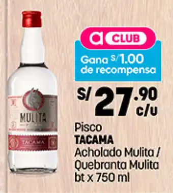 Plaza Vea Pisco Tacama Acholado Mulita / Quebranta Mulita bt x 750ml oferta