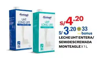 Wong Leche UHT Entera / Semidescremada Monteagle x 1L oferta