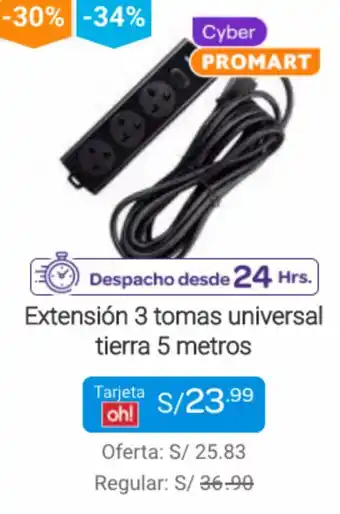 Promart Extensión 3 Tomas Universal Tierra 5 metros oferta