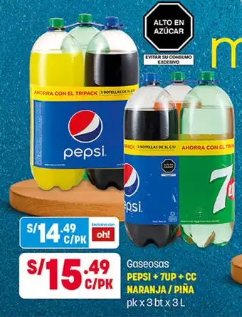 Plaza Vea Gaseosas Pepsi + 7Up + CC Naranja / Piña pk x 3 bt x 3L oferta