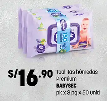 Plaza Vea Toallitas Húmedas Premium Babysec pk x 3 pq x 50 unid oferta