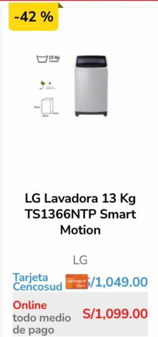 Metro LG - Lavadora 13 kg TS1366NTP Smart Motion oferta