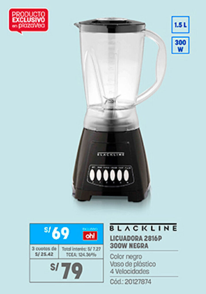 Blackline Licuadora 2816P 300W Negra oferta en Plaza Vea