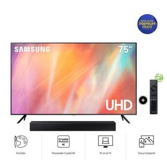 Hiraoka Tv samsung led 4k uhd smart 75" un75au7000gxpe + soundbar samsung hw-t400/pe oferta