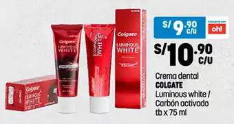Plaza Vea Crema Dental Colgate Luminous White / Carbón Activado tb x 75ml oferta