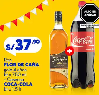 Plaza Vea Ron Flor de Caña Gold 4 Años bt x 750ml + Gaseosa Coca-Cola bt x 1,5lt oferta