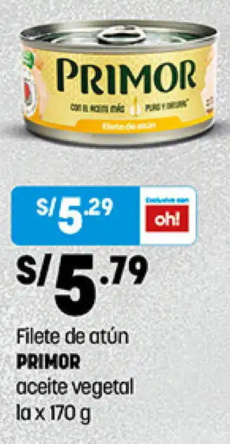 Plaza Vea Filete de Atún Primor en Aceite Vegetal 170g oferta