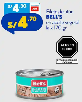 Plaza Vea Filete de Atún Bell's en Aceite Vegetal 170gr oferta