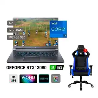 Hiraoka Laptop gamer acer predator triton 16" intel core i7-11800h 1tb ssd 32gb ram rtx 3080 + silla gaming antryx racing viking axr- oferta