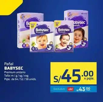 Makro Pañal babysec premium unitario talla m/g/xg/xxg pqte de 64/52/58unids oferta