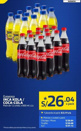 Makro Gaseosa inca kola / coca-cola pack de 12 unids. x 600 ml. c/u oferta