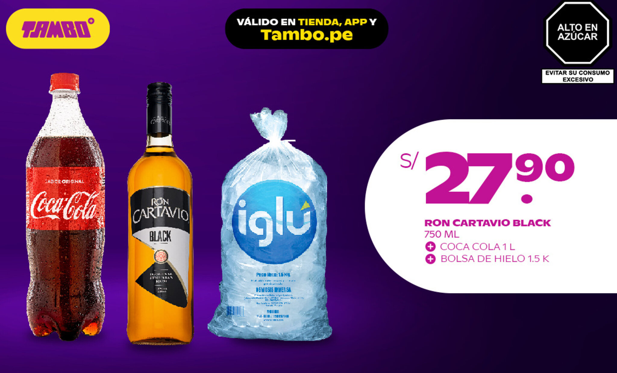 Tambo Ron Cartavio Black 750ml Coca Cola 1L, Bolsa de Hielo 1,5K oferta