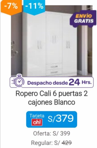 Promart Ropero Cali 6 Puertas 2 Cajones Blanco oferta