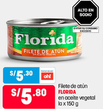 Plaza Vea Filete de Atún Florida en Aceite Vegetal la x 150g oferta