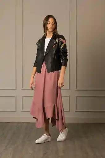 Vélez Chaqueta biker de cuero para mujer bordado jardín oferta