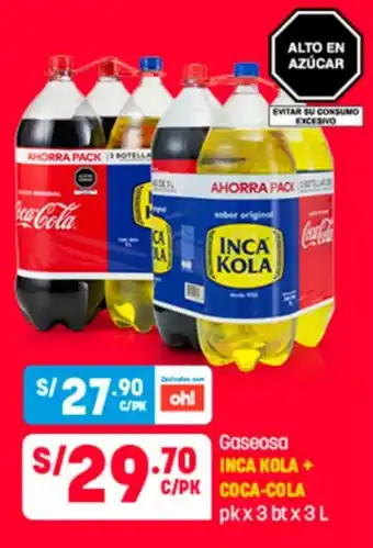 Plaza Vea Gaseosa Coca-Cola +Inca Kola x 3 bt x 3L oferta