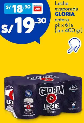 Plaza Vea Leche Evaporada Gloria Entera pk x 6 la x 400g oferta