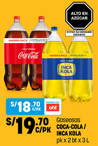 Plaza Vea Gaseosas Coca-Cola / Inca Kola pk x 2 bt x 3L oferta