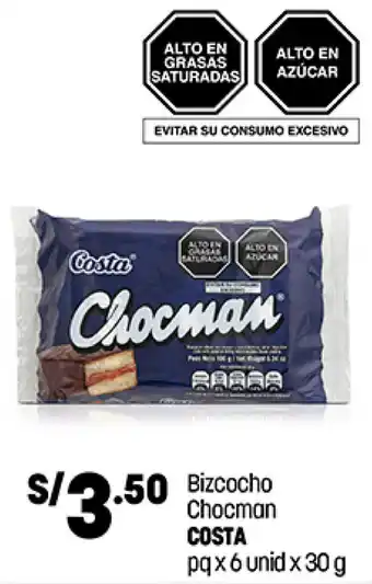 Plaza Vea Bizcocho Chocman Costa pq x 6 unid x 30g oferta