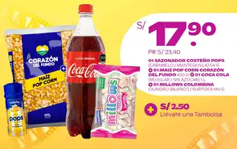Tambo Sazonador Costeño Pops / Maiz Pop Corn Corazón del Fundo / Coca Cola / Millows Colombina oferta