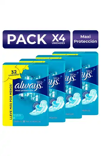 Tiendas EFE Packx4 toallas higiénicas always maxi protección seca 32 un oferta