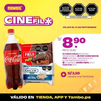 Tambo Coca Cola Regular 1L + Pop Corn Movie Pop 90g + Six Pack Doña Pepa / Cua Cua 18G oferta